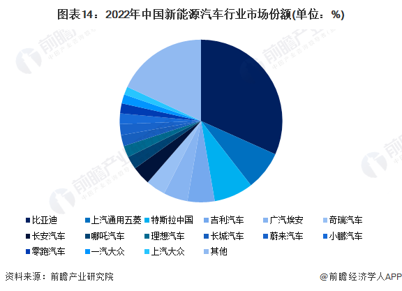 图表14：2022年中国新能源汽车行业市集份额(单元：%)